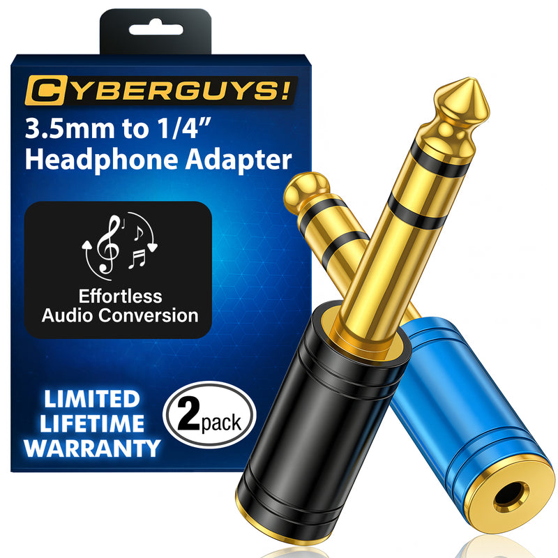 Cyberguys 2-Pack 3.5mm to 1/4" Headphone Adapter – Heavy-Duty Stereo Audio Jack