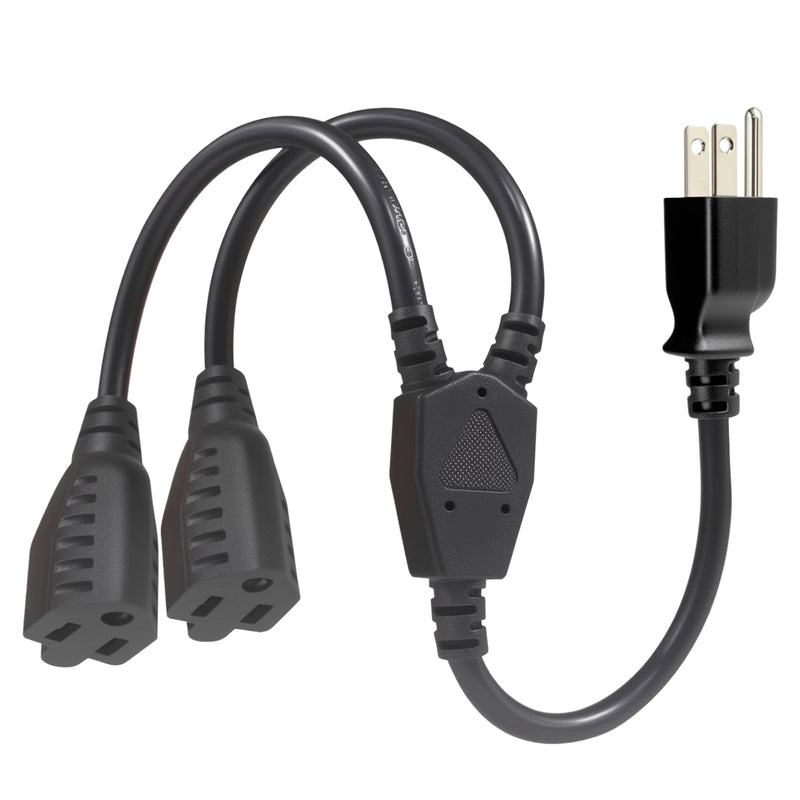 Heavy-Duty Extension Cord Splitter – Y-Splitter 1 to 2 Dual Outlet, 16AWG 13.5A UL Listed, 22in Black