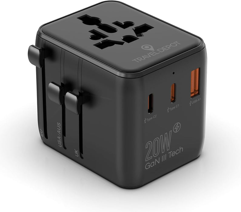 Universal GaN Travel Adapter – 5-in-1 USB/AC, Global Charging
