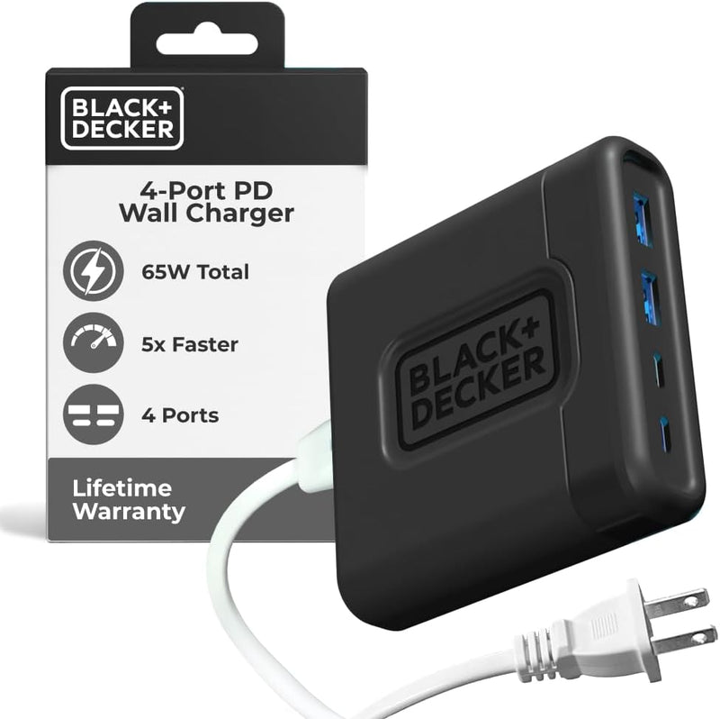 BLACK+DECKER 65W USB-C Fast Charger – 4-Port Charging Station with 2 USB-C & 2 USB-A for iPhone, iPad, Samsung, Pixel
