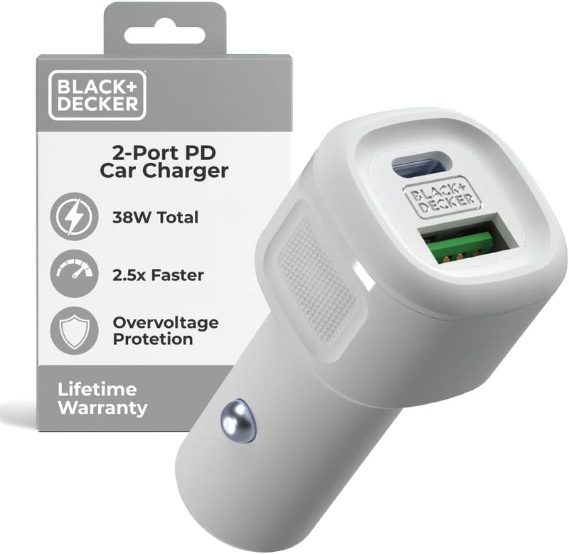 BLACK+DECKER 38W USB-C Car Charger – Dual Port PD/QC Fast Charging Adapter for iPhone, Samsung, Pixel, iPad & More