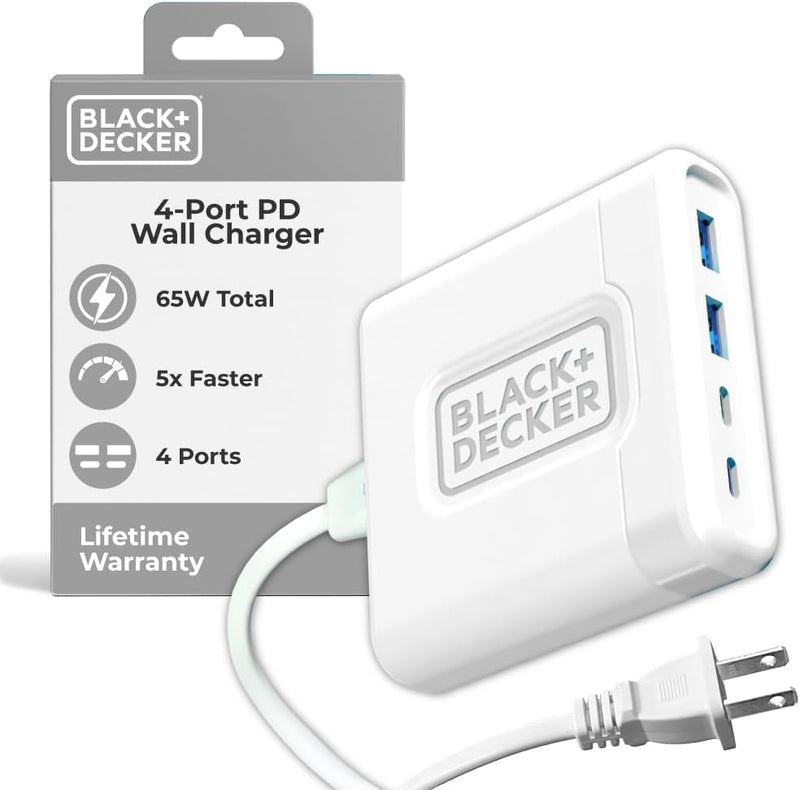BLACK+DECKER 65W USB-C Fast Charger – 4-Port Charging Station with 2 USB-C & 2 USB-A for iPhone, iPad, Samsung, Pixel