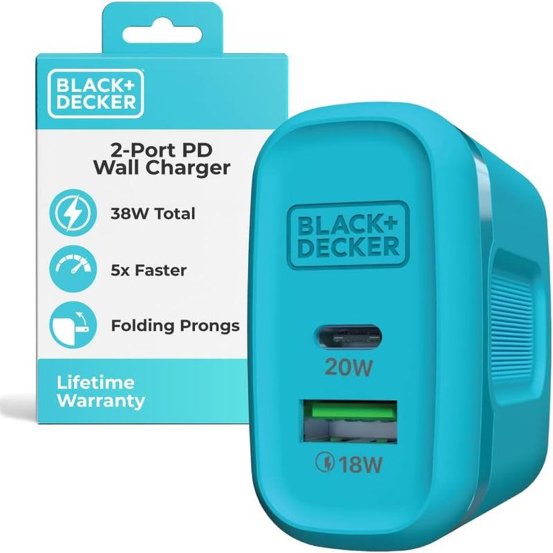 BLACK+DECKER 38W PD Wall Charger – Dual Port USB-C & USB Fast Charging Block