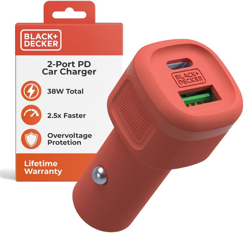 BLACK+DECKER 38W USB-C Car Charger – Dual Port PD/QC Fast Charging Adapter for iPhone, Samsung, Pixel, iPad & More