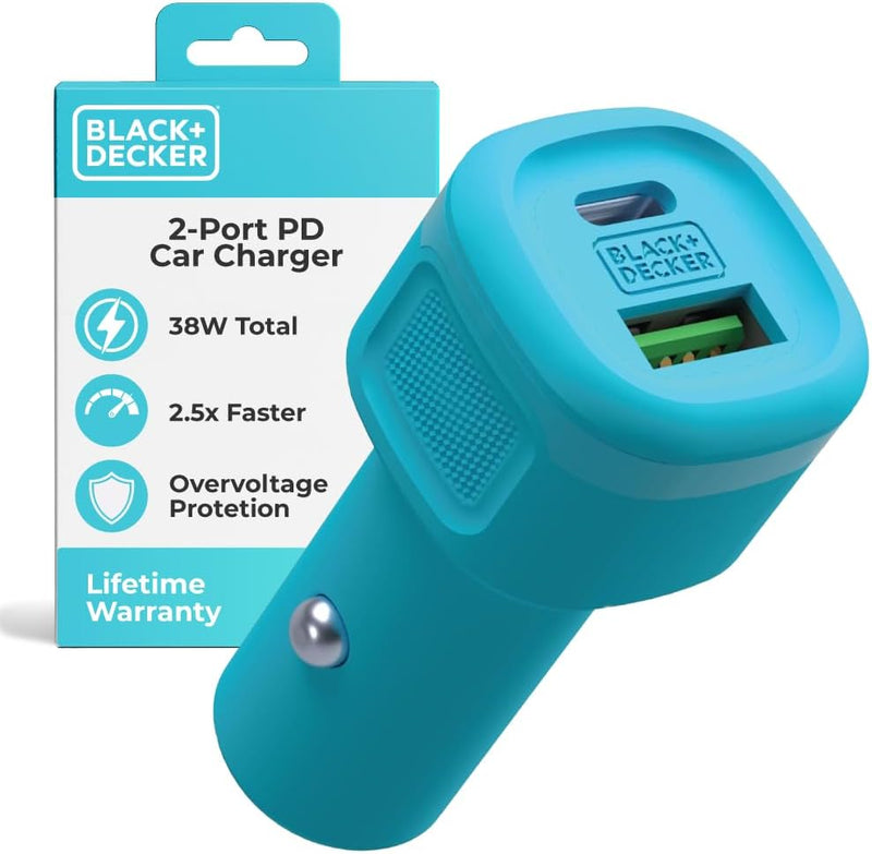 BLACK+DECKER 38W USB-C Car Charger – Dual Port PD/QC Fast Charging Adapter for iPhone, Samsung, Pixel, iPad & More