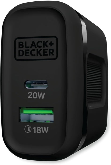 BLACK+DECKER Quick-Charge PD Wall Charger, 2-Port, 38W - USB & Type C Wall Plug - Compact Power Block USB C - Fast Charger Adapter Power Delivery & Qualcomm QC 3.0 - Perfect for Home, Office, Travel