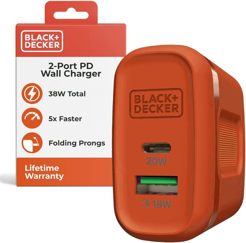 BLACK+DECKER 38W PD Wall Charger – Dual Port USB-C & USB Fast Charging Block