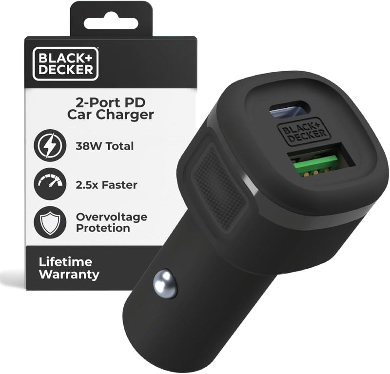 BLACK+DECKER 38W USB-C Car Charger – Dual Port PD/QC Fast Charging Adapter for iPhone, Samsung, Pixel, iPad & More