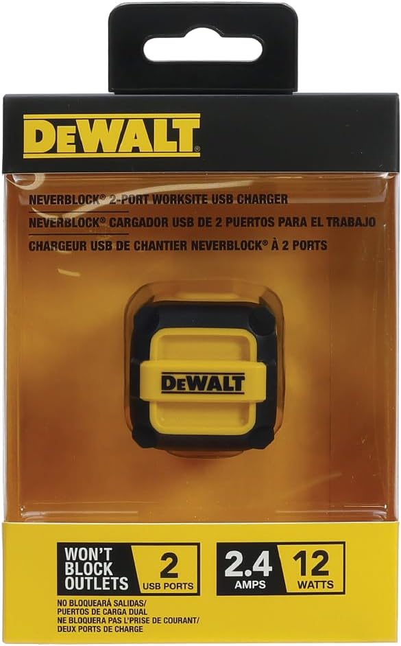 DEWALT Heavy Duty NeverBlock Dual USB Wall Charger – 12W Angled Plug, Compact 2-Port Adapter