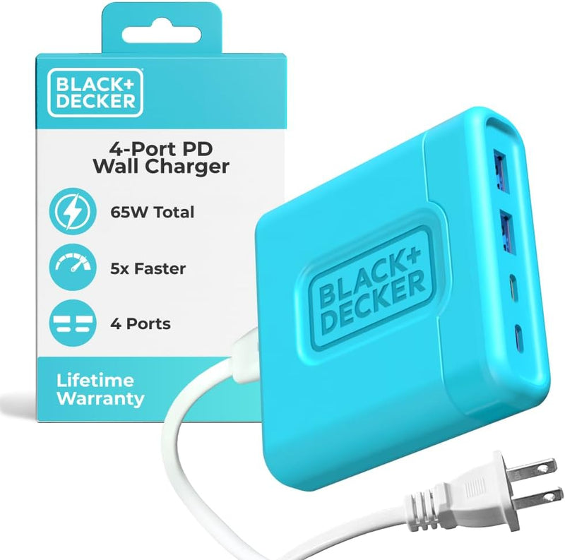 BLACK+DECKER 65W USB-C Fast Charger – 4-Port Charging Station with 2 USB-C & 2 USB-A for iPhone, iPad, Samsung, Pixel