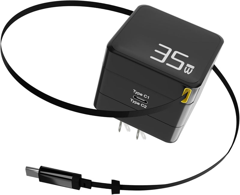 USB-C Retractable Charger – 35W GaN PD Wall Charger with Built-in Cable, Fast Portable Adapter for iPhone, iPad, Galaxy, Pixel