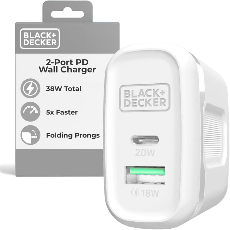BLACK+DECKER 38W PD Wall Charger – Dual Port USB-C & USB Fast Charging Block