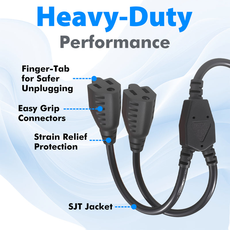Heavy-Duty Extension Cord Splitter – Y-Splitter 1 to 2 Dual Outlet, 16AWG 13.5A UL Listed, 22in Black