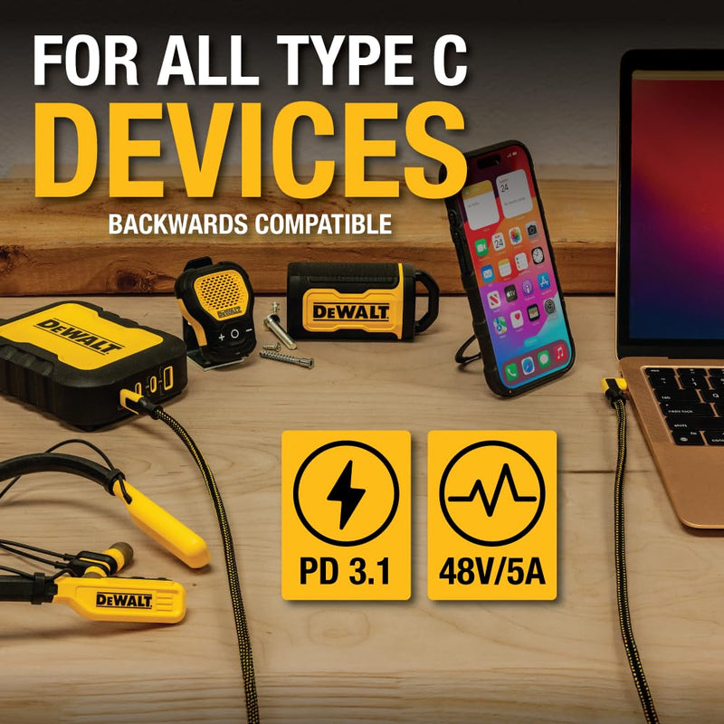 DEWALT 90° Angled 100W USB-C Cable – Heavy Duty PD Fast Charging Cord