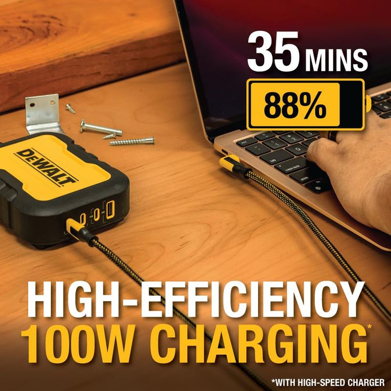 DEWALT 90° Angled 100W USB-C Cable – Heavy Duty PD Fast Charging Cord