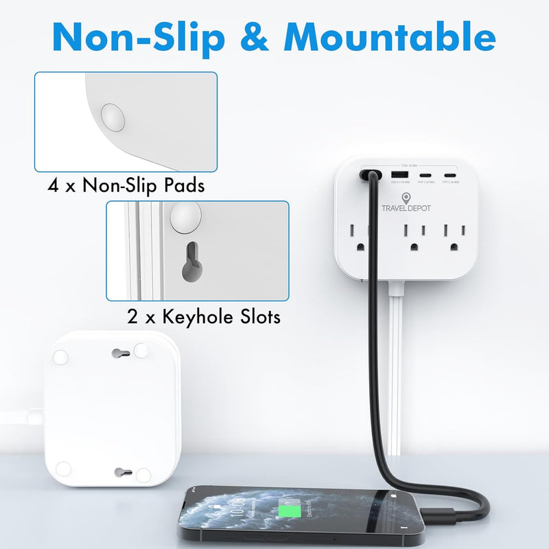 Cruise Essentials Flat Plug Power Strip – 5ft Extension Cord w/ 3 Outlets & 4 USB Ports