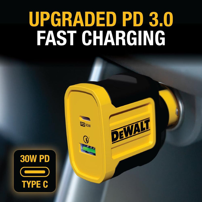 DEWALT 49.5W Dual USB & USB-C Car Charger – Simultaneous Fast Charging