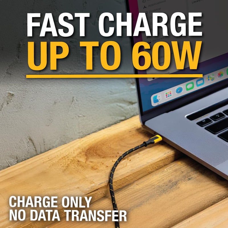 DEWALT Heavy Duty 20ft USB-C Cable – Extra-Long 60W Fast Charge Only Cable with 90° Connector for Gaming & Devices