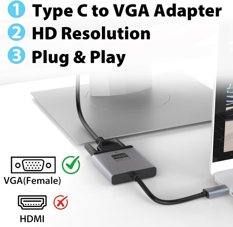 Cyberguys VGA to USB-C Adapter β Type-C to VGA Video Converter, 1080P@60Hz Plug & Play