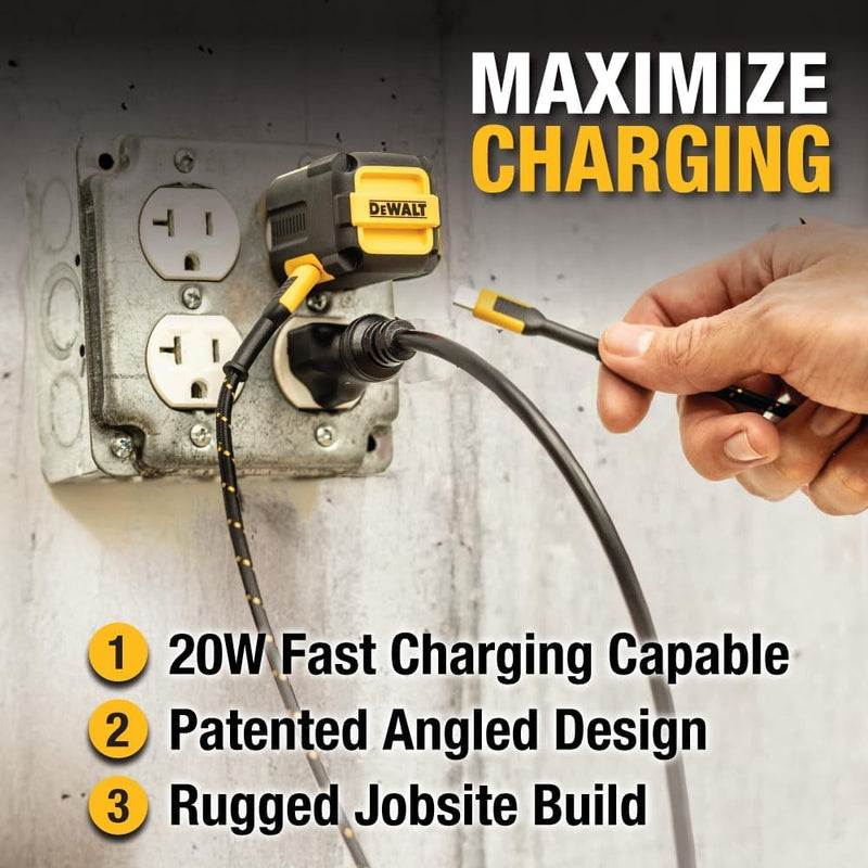 DEWALT NeverBlock 20W Dual USB-C Charger – Angled, Foldable Plug
