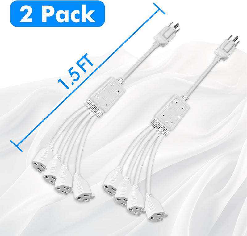 4 Way Power Splitter Extension Cord – 4 Outlet Short Extension, UL Listed 1.5FT, 16 AWG, 2 Pack