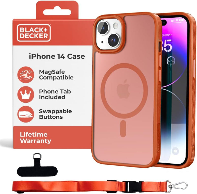 BLACK+DECKER iPhone 14 Case – MagSafe, Shockproof, Lanyard Strap, Custom Buttons