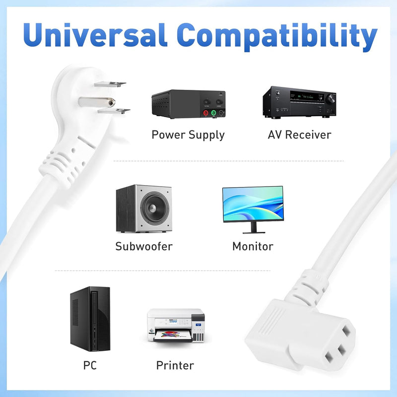 6FT 90° Computer Power Cord (2-Pack) – Flat Plug to Right Angle C13, 16AWG Universal AC Cable for PC, Monitor, TV – White