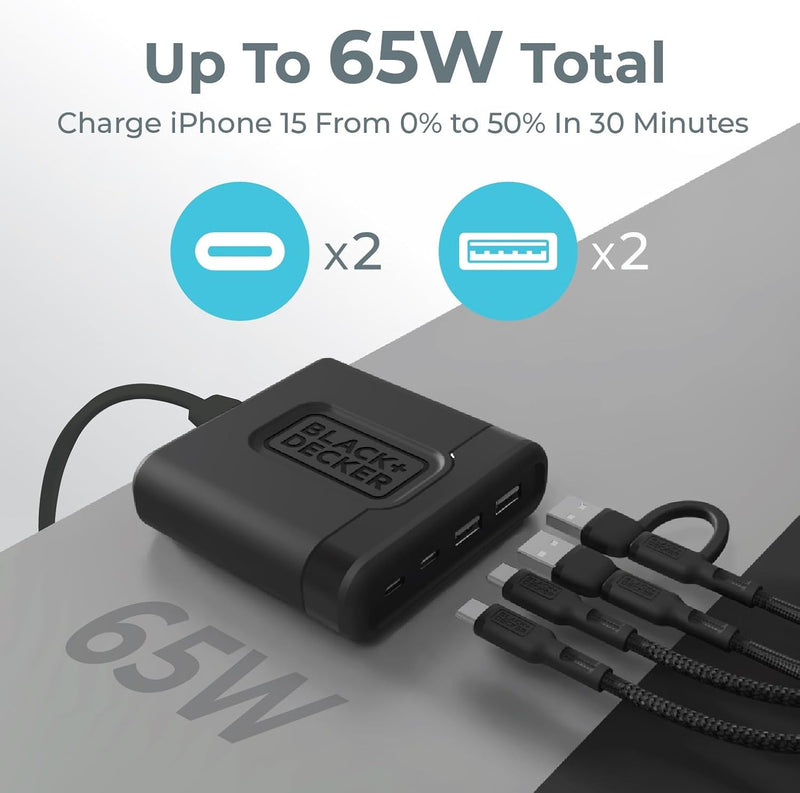 BLACK+DECKER 65W USB-C Fast Charger – 4-Port Charging Station with 2 USB-C & 2 USB-A for iPhone, iPad, Samsung, Pixel