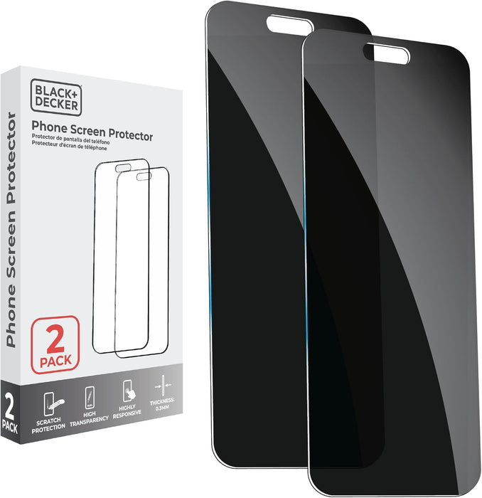 BLACK+DECKER 2Pack Privacy Screen Protector for iPhone 16, Sensor Protection, Dynamic Island Compatible, Anti Spy Tempered Glass 9H Hardness Case Friendly, Highly Responsive, HD Image Quality
