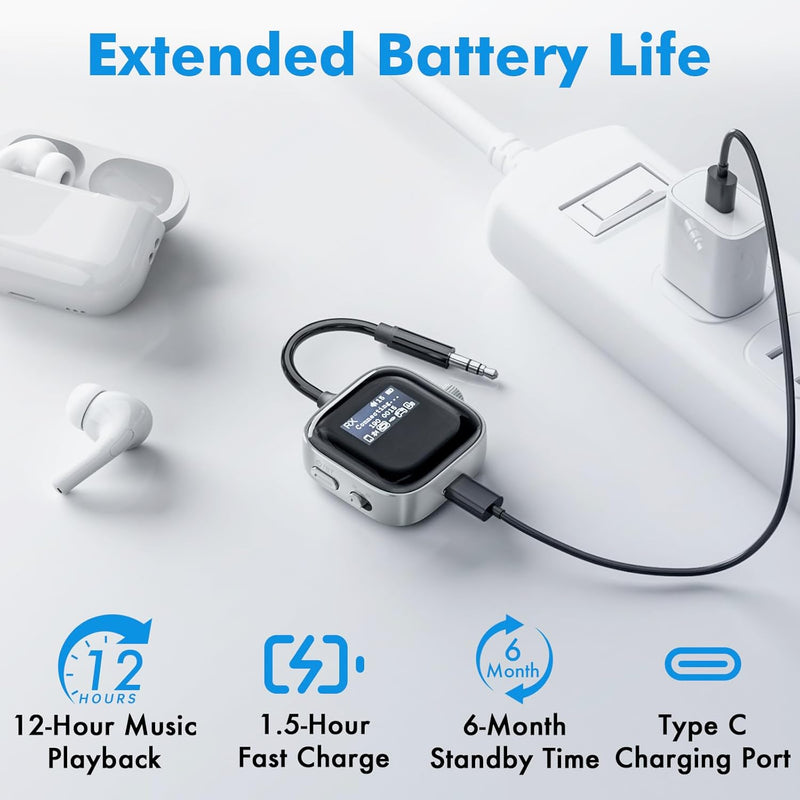 TRAVEL DEPOT Bluetooth Transmitter Receiver for Airplane & TV – Wireless 2-Device Adapter w/HD Display, Low Latency 3.5mm AUX Jack, Bluetooth 5.3