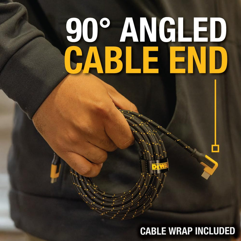 DEWALT Heavy Duty 20ft USB-C Cable – Extra-Long 60W Fast Charge Only Cable with 90° Connector for Gaming & Devices