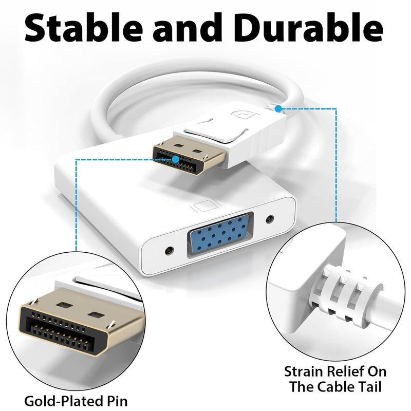 Cyberguys DisplayPort (DP) to VGA Cable Adapter ā 1080P DP Male to VGA Female Converter for Monitor Projector HDTV ā Gold-Plated, Secure-Latch Display Port Connector ā 1/2/5 Pack for Laptop PC Desktop