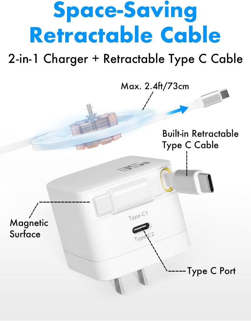 USB-C Retractable Charger – 35W GaN PD Wall Charger with Built-in Cable, Fast Portable Adapter for iPhone, iPad, Galaxy, Pixel
