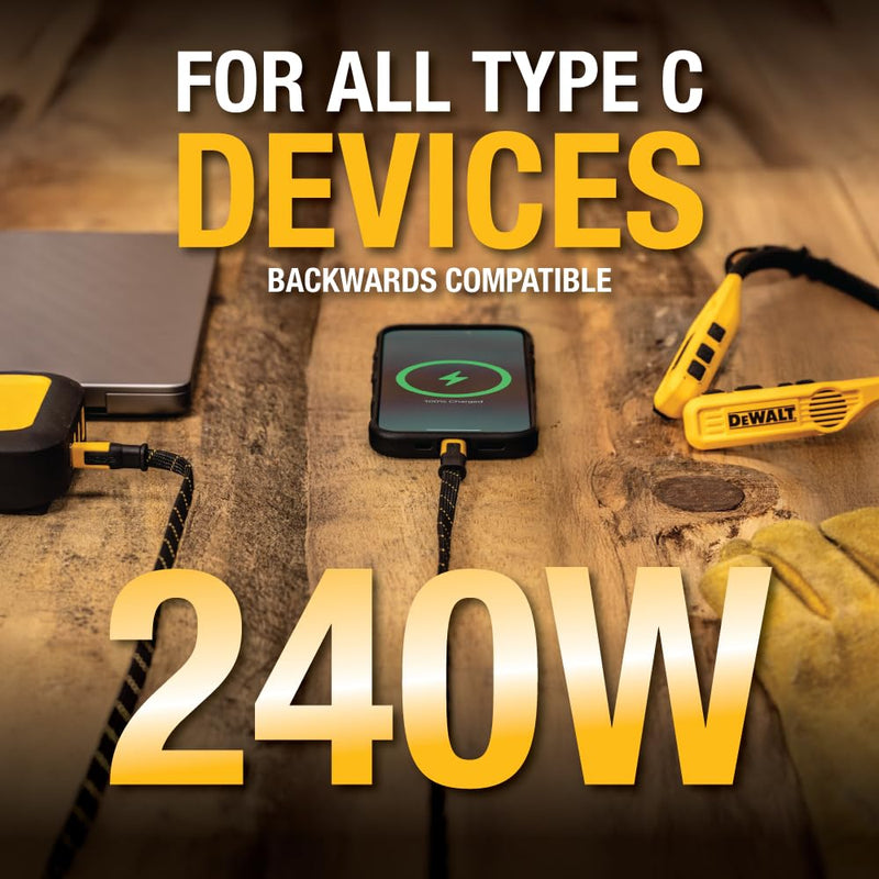 DEWALT Heavy Duty USB-C to USB-C Cable – Flat 240W Kevlar-Reinforced Fast Charger for iPhone, Samsung, MacBook, iPad, Pixel