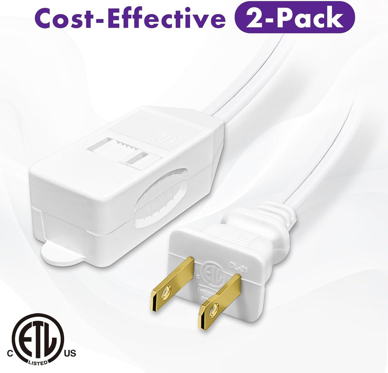 ETL Certified 2-Pack Extension Cord – 16 AWG 3-Outlet Indoor Power Strip with Tamper Guard