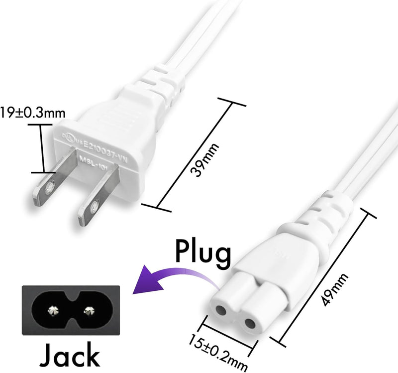 2 Pack 2-Prong TV Power Cord 3FT – UL Certified AC Replacement Cable for Samsung, Sony, PS5, Xbox, White