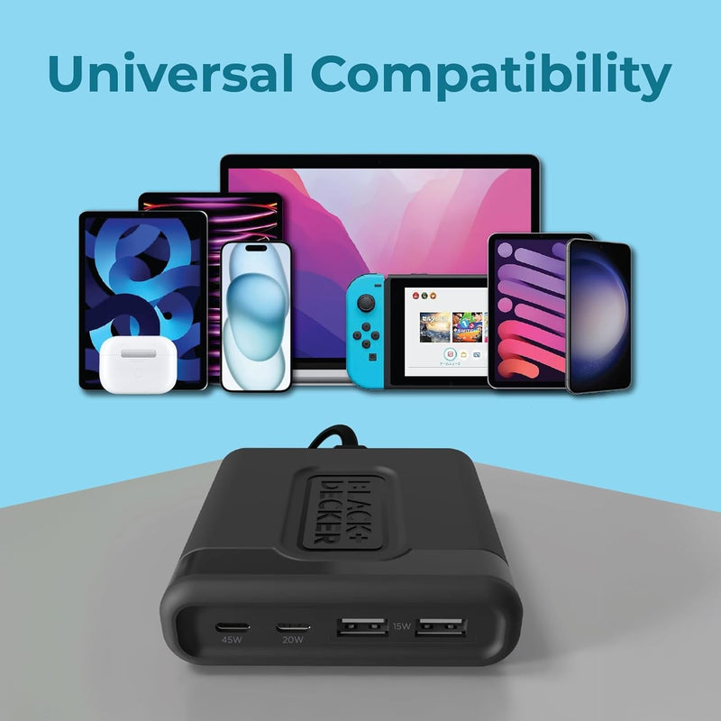 BLACK+DECKER 65W USB-C Fast Charger – 4-Port Charging Station with 2 USB-C & 2 USB-A for iPhone, iPad, Samsung, Pixel