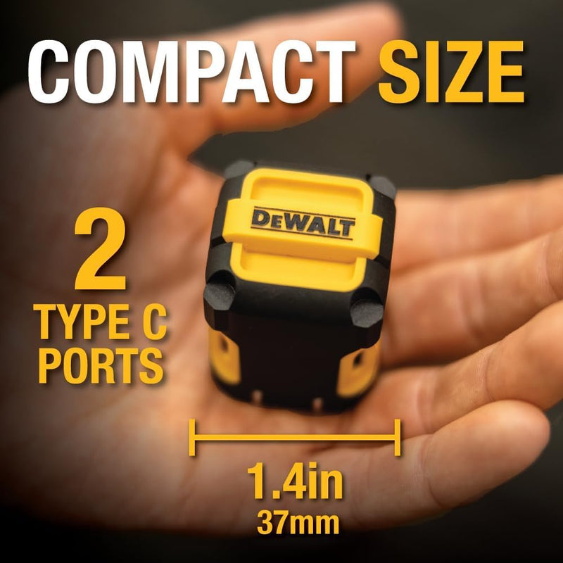 DEWALT NeverBlock 20W Dual USB-C Charger – Angled, Foldable Plug