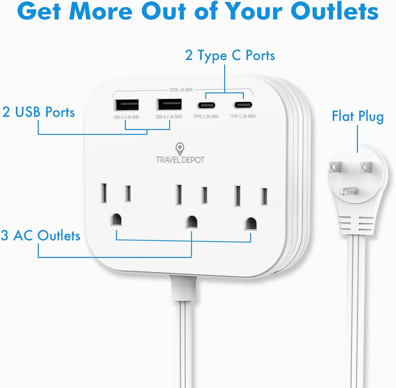 Cruise Essentials Flat Plug Power Strip – 5ft Extension Cord w/ 3 Outlets & 4 USB Ports