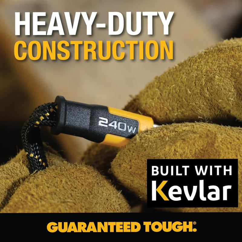 DEWALT Heavy Duty USB-C to USB-C Cable – Flat 240W Kevlar-Reinforced Fast Charger for iPhone, Samsung, MacBook, iPad, Pixel