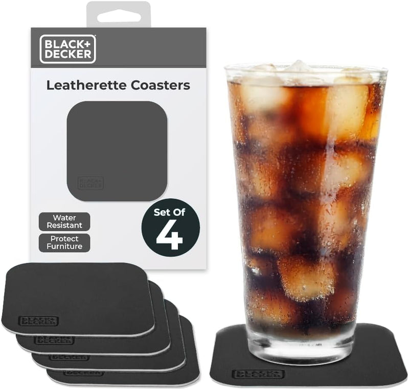 BLACK+DECKER Square Drink Coasters Set of 4 – Water-Resistant, Durable 4" Tabletop Protection