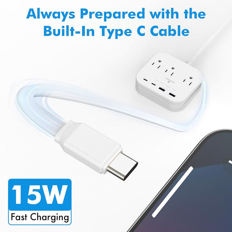 Cruise Essentials Flat Plug Power Strip – 5ft Extension Cord w/ 3 Outlets & 4 USB Ports