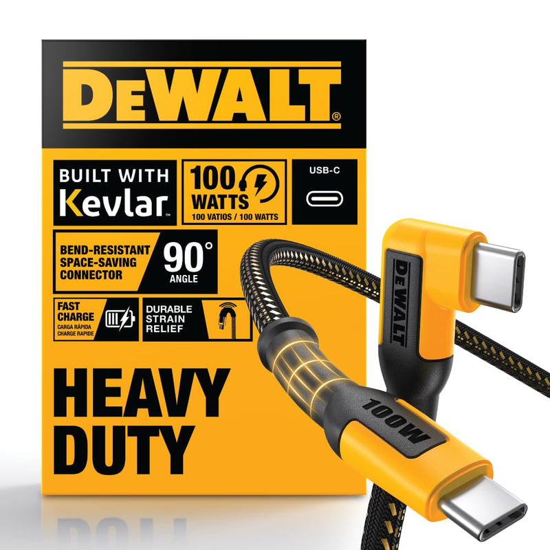 DEWALT 90° Angled 100W USB-C Cable – Heavy Duty PD Fast Charging Cord