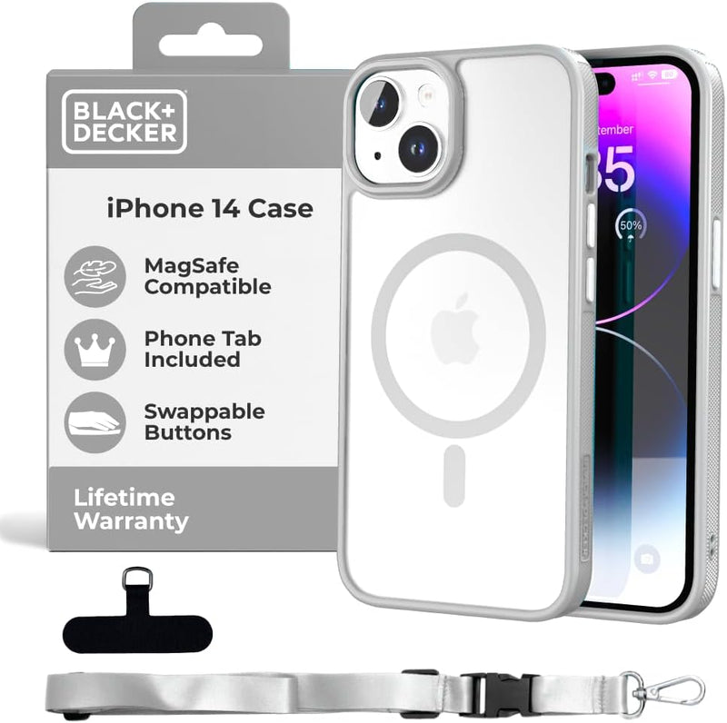 BLACK+DECKER iPhone 14 Case – MagSafe, Shockproof, Lanyard Strap, Custom Buttons