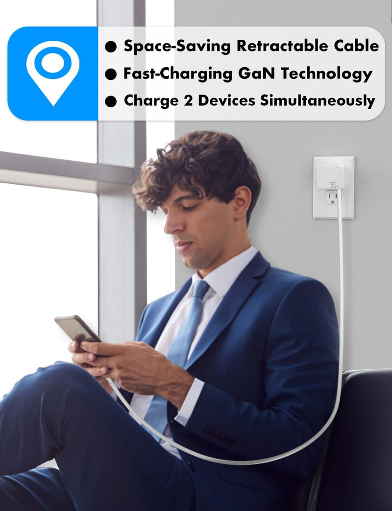 USB-C Retractable Charger – 35W GaN PD Wall Charger with Built-in Cable, Fast Portable Adapter for iPhone, iPad, Galaxy, Pixel