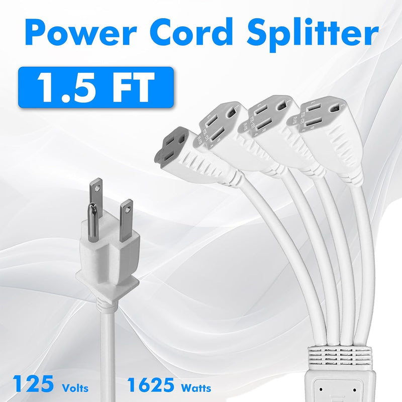 4 Way Power Splitter Extension Cord – 4 Outlet Short Extension, UL Listed 1.5FT, 16 AWG, 2 Pack