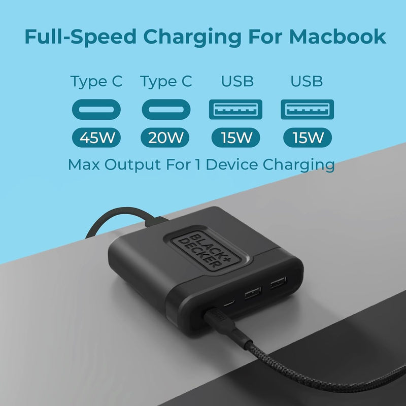 BLACK+DECKER 65W USB-C Fast Charger – 4-Port Charging Station with 2 USB-C & 2 USB-A for iPhone, iPad, Samsung, Pixel