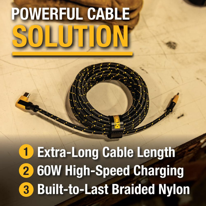 DEWALT Heavy Duty 20ft USB-C Cable – Extra-Long 60W Fast Charge Only Cable with 90° Connector for Gaming & Devices