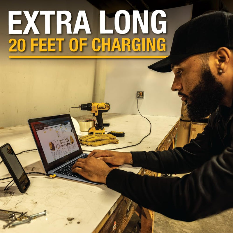 DEWALT Heavy Duty 20ft USB-C Cable – Extra-Long 60W Fast Charge Only Cable with 90° Connector for Gaming & Devices