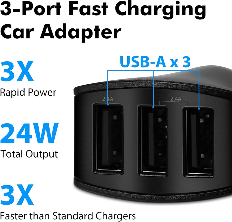 USB Car Charger – 24W 3-Port Fast Charging Adapter for iPhone, Samsung & More